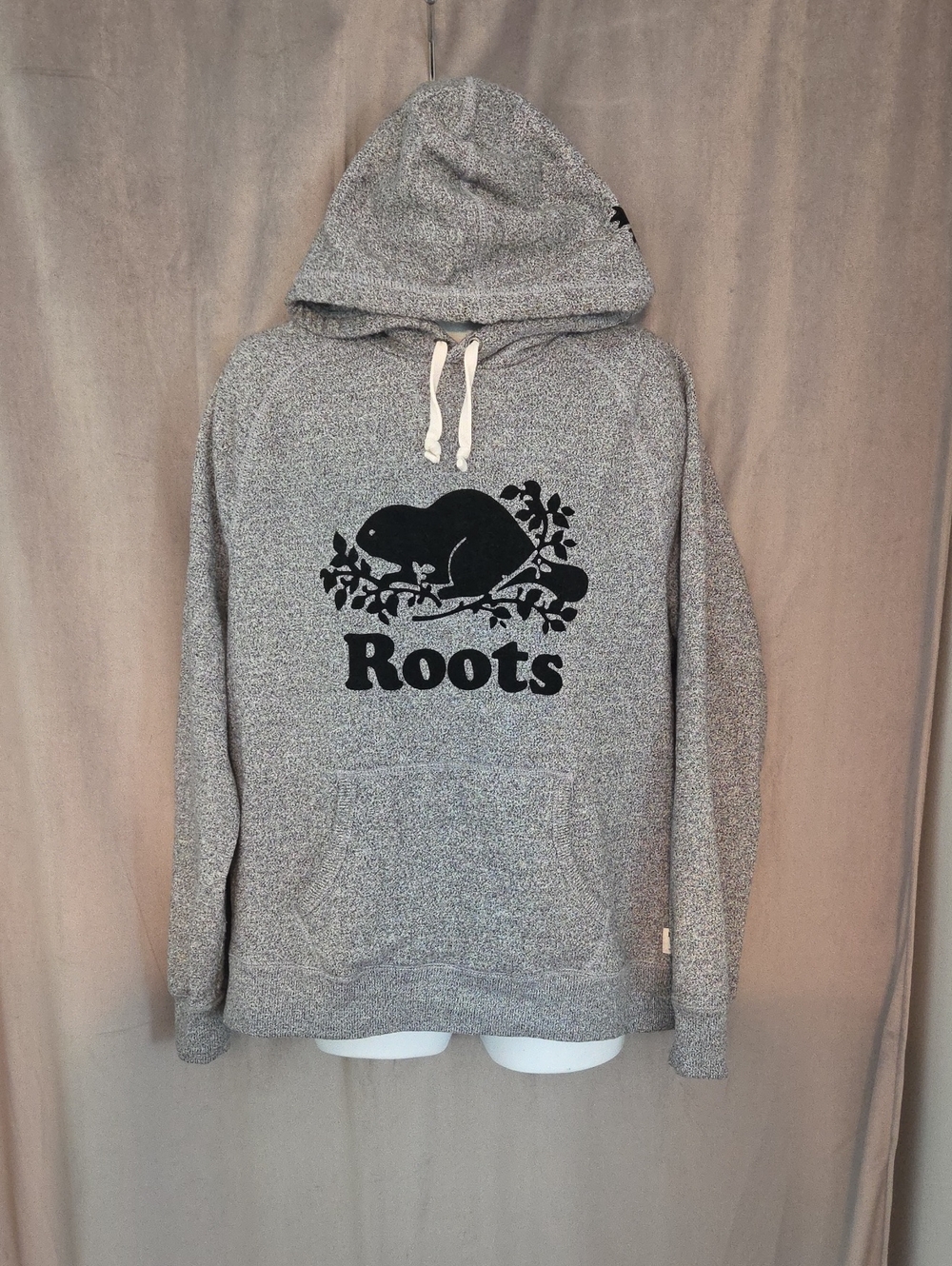 Roots Mens XL Heather Grey Crewneck Hoodie with Black Beaver Logo
